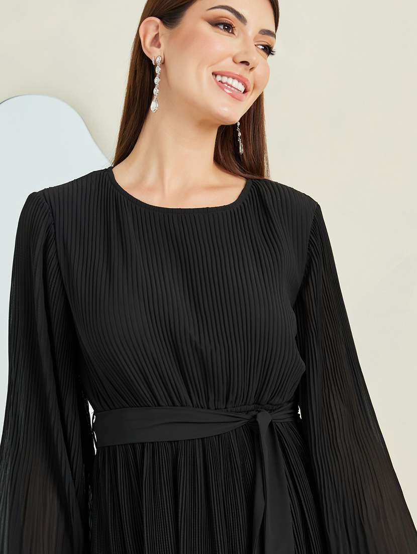women solid bell sleeve fit & flare dress - 21971054 -  Standard Image - 4