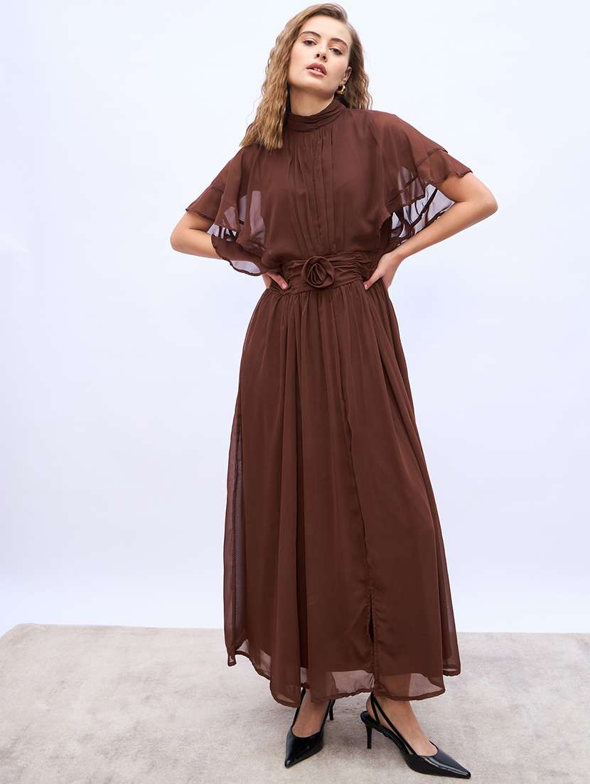 women solid cape sleeve fit and flare dress