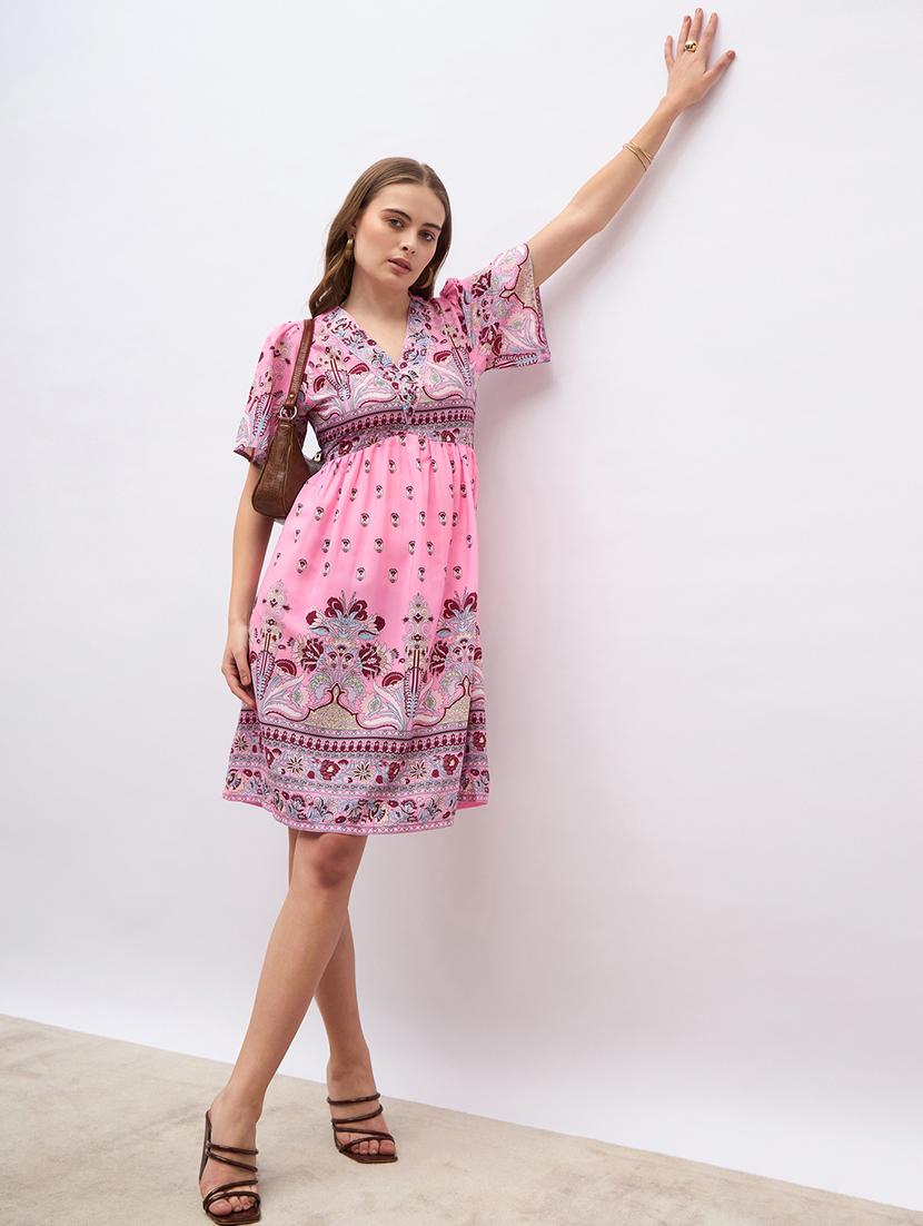 women printed flared sleeve a-line dress - 21971061 - Standard Image - 1