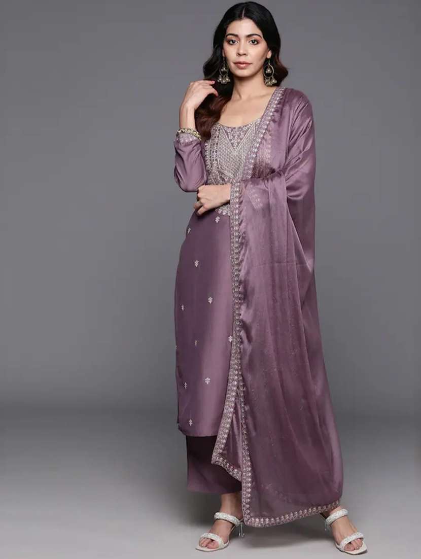 women solid with work long sleeve kurta pant with dupatta set - 21971072 -  Standard Image - 1