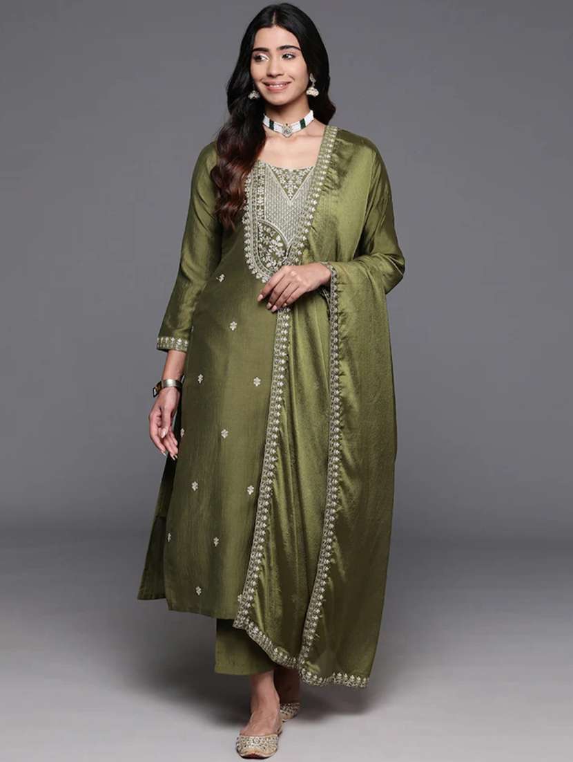 women solid with work long sleeve kurta pant with dupatta set - 21971073 -  Standard Image - 1