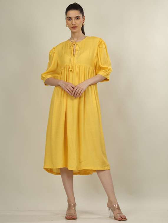 women yellow solid puff sleeve fit & flare dress - 21971078 -  Zoom Image - 0