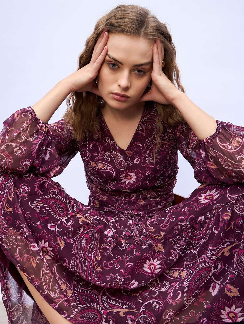 women printed puff sleeve fit & flare dress - 21971107 -  Standard Image - 4