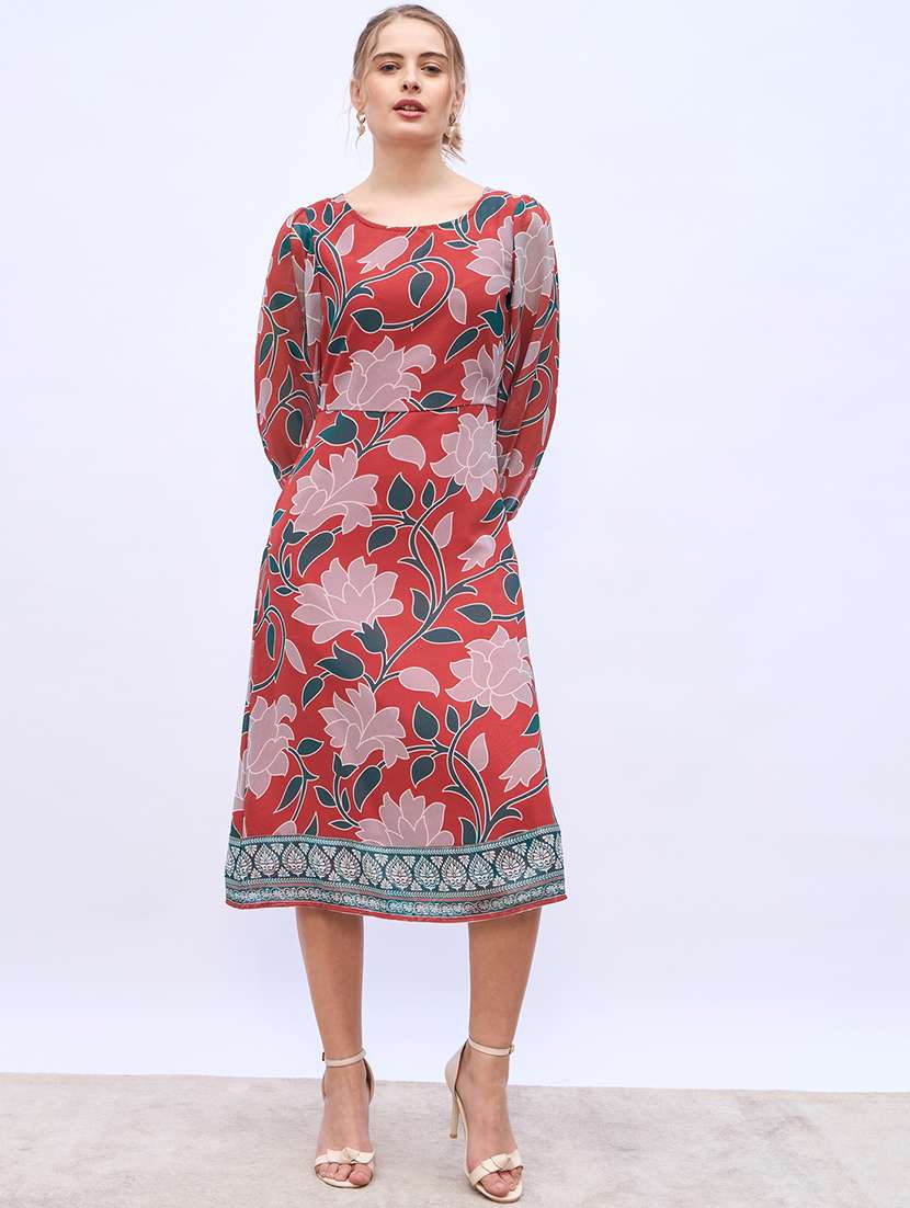 women printed puff sleeve a-line dress
