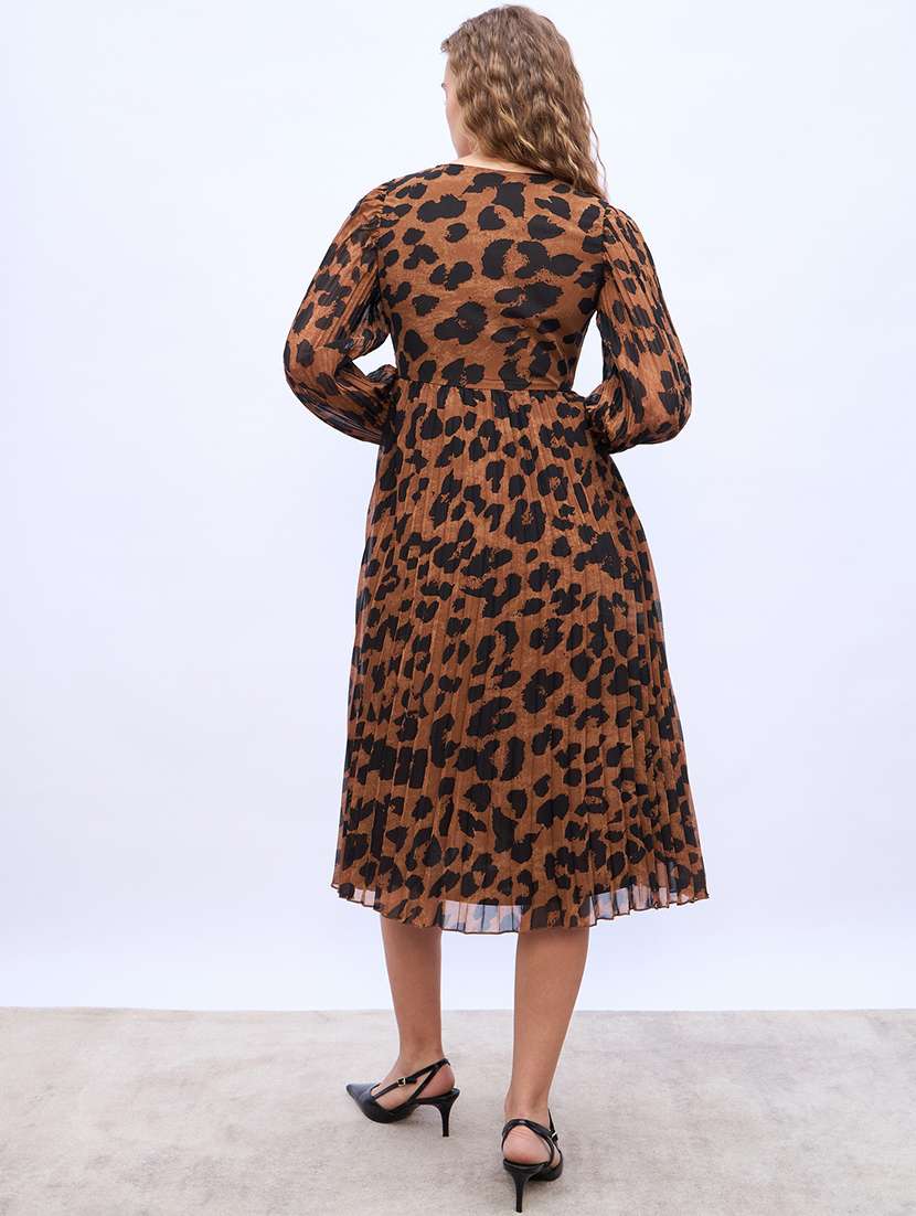 Women Animal Printed Puff Sleeve A Line Dress