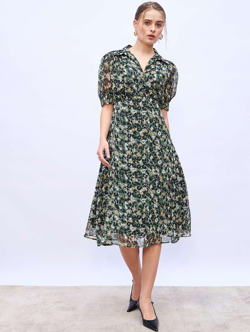 women animal print puff sleeve a-line dress