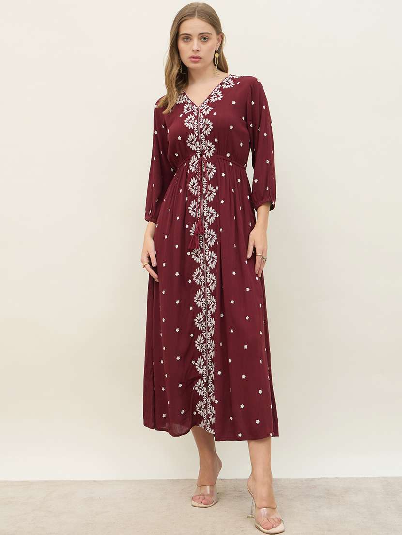 women embroidered long sleeve a-line dress