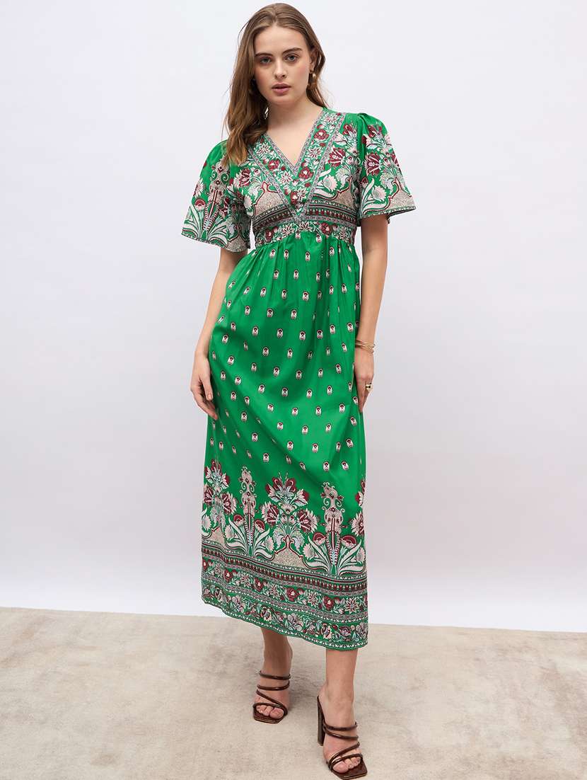 women printed puff sleeve a-line dress