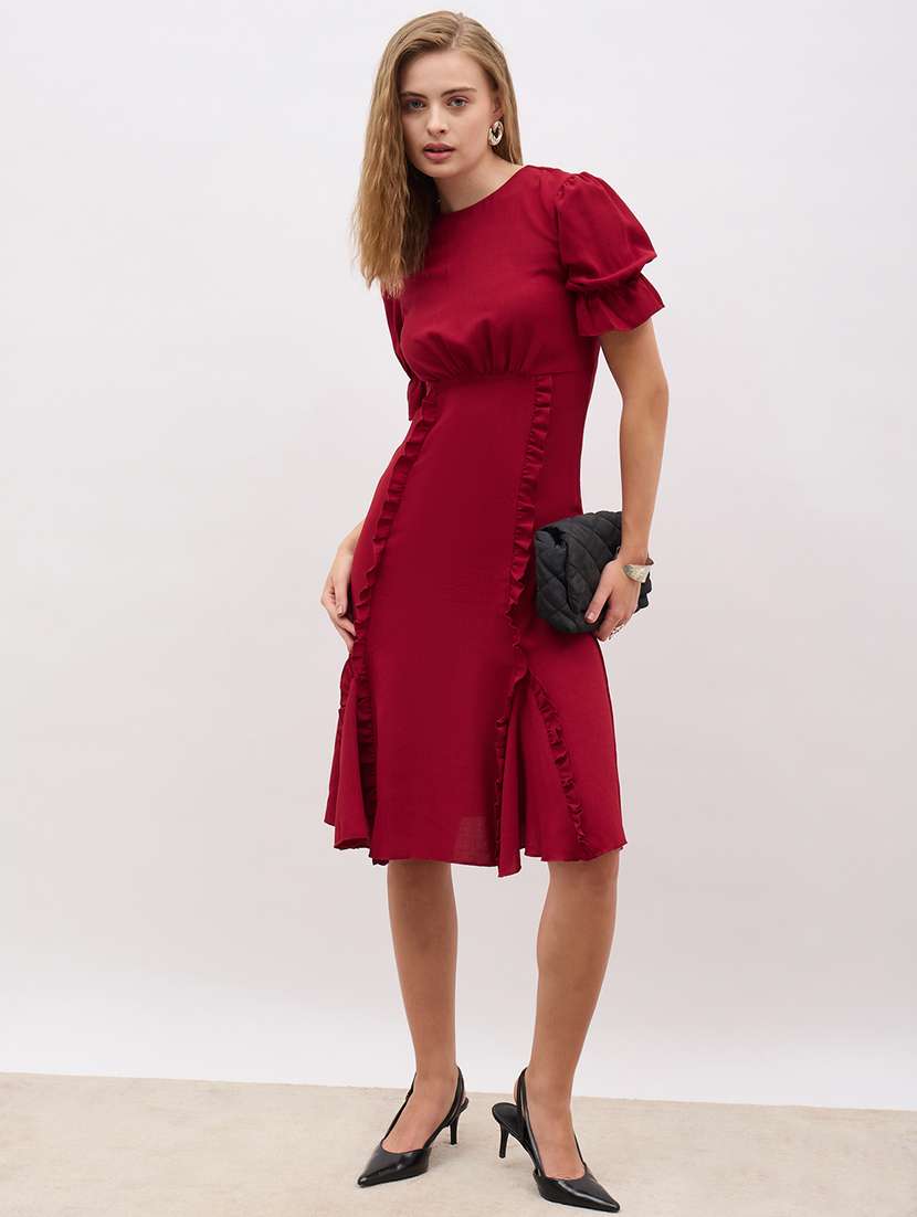 women maroon solid puff sleeve a-line dress - 21971147 -  Standard Image - 1