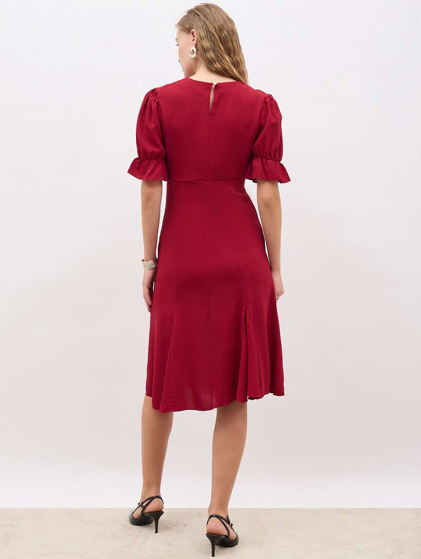 women maroon solid puff sleeve a-line dress - 21971147 -  Standard Image - 4