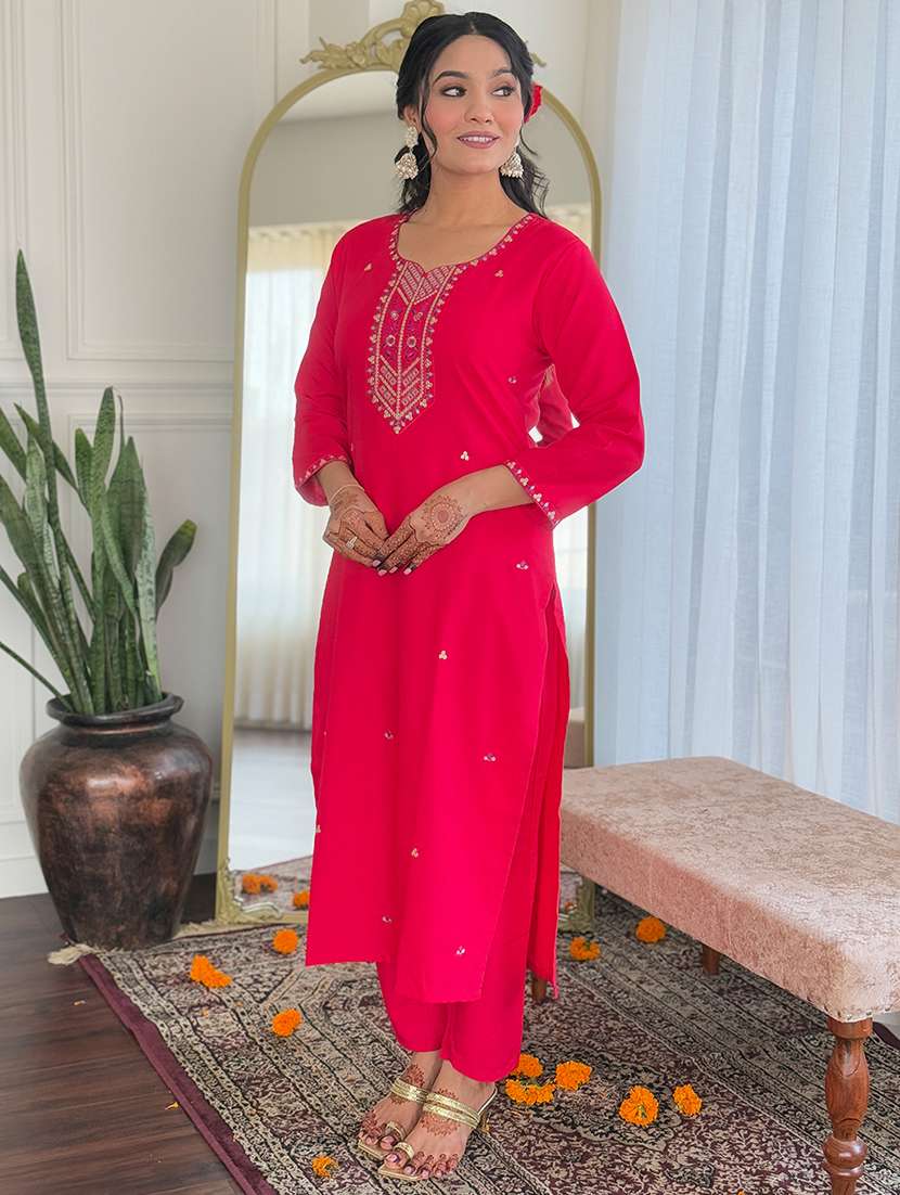 women solid with work long sleeve kurta pant with dupatta set - 21971158 -  Standard Image - 1