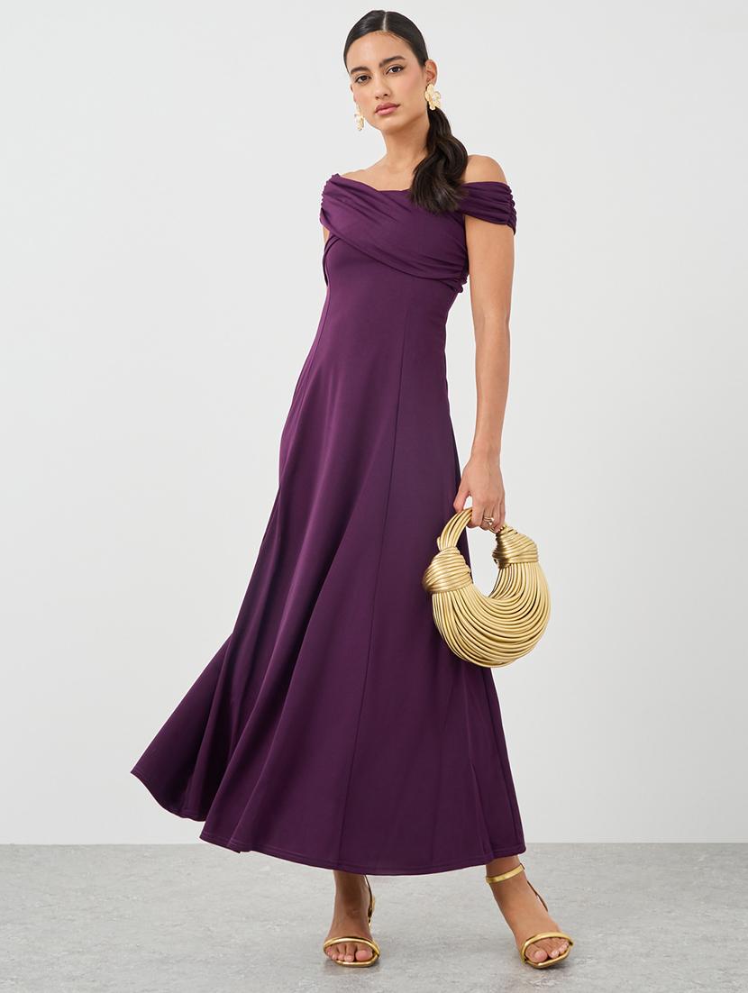 women solid off shoulder fit and flare dress - 21971190 - Standard Image - 1