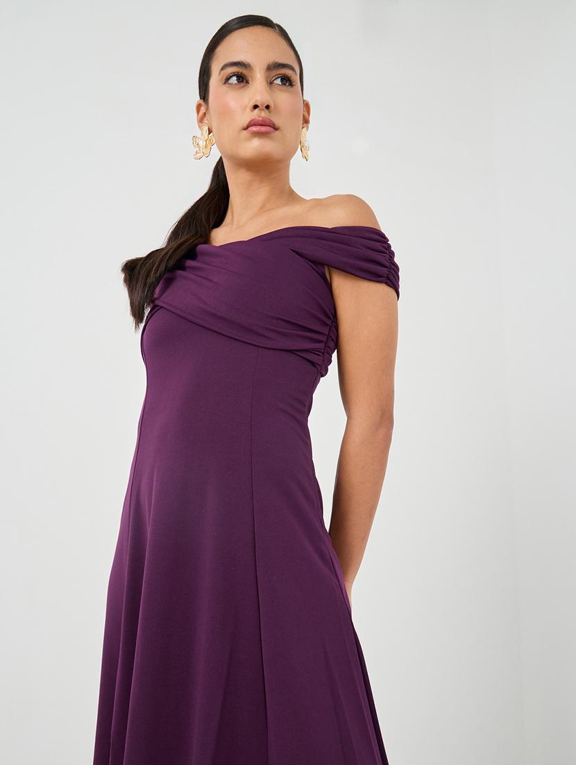 women solid off shoulder fit and flare dress - 21971190 - Standard Image - 4