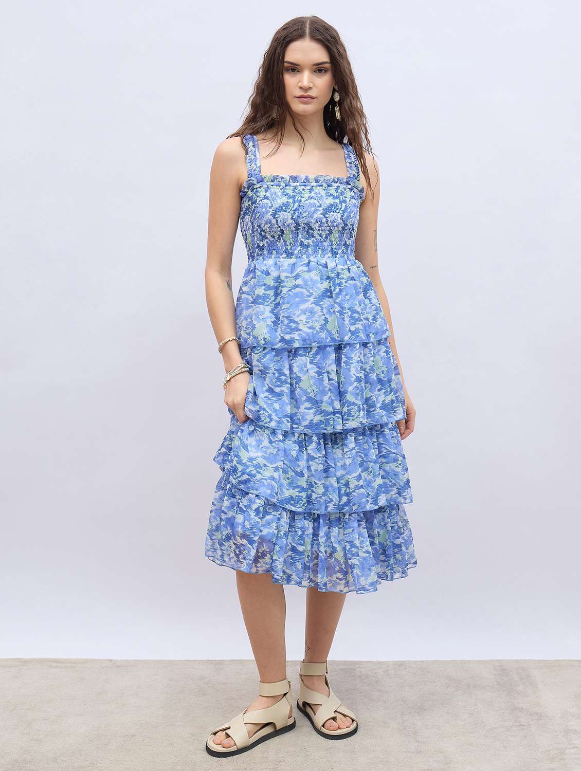 women printed shoulder strap layered dress - 21971191 -  Standard Image - 1