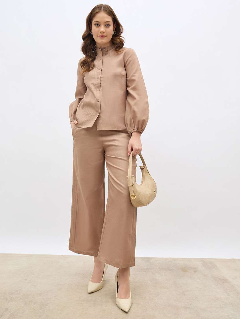 women solid shirt and trouser co-ord set - 21971204 -  Standard Image - 1