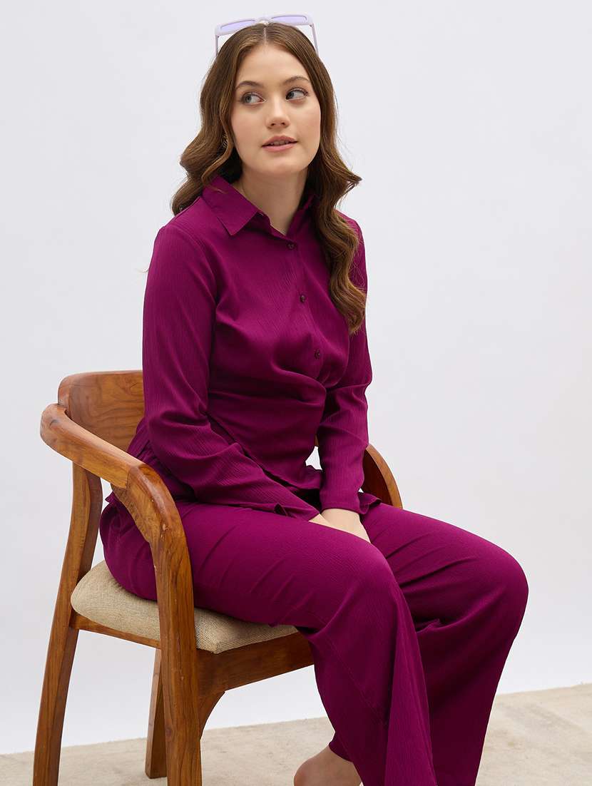 women solid shirt and trouser co-ord set - 21971205 -  Standard Image - 1