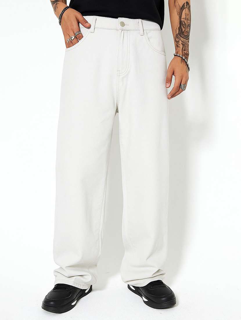 men solid mid rise baggy jeans