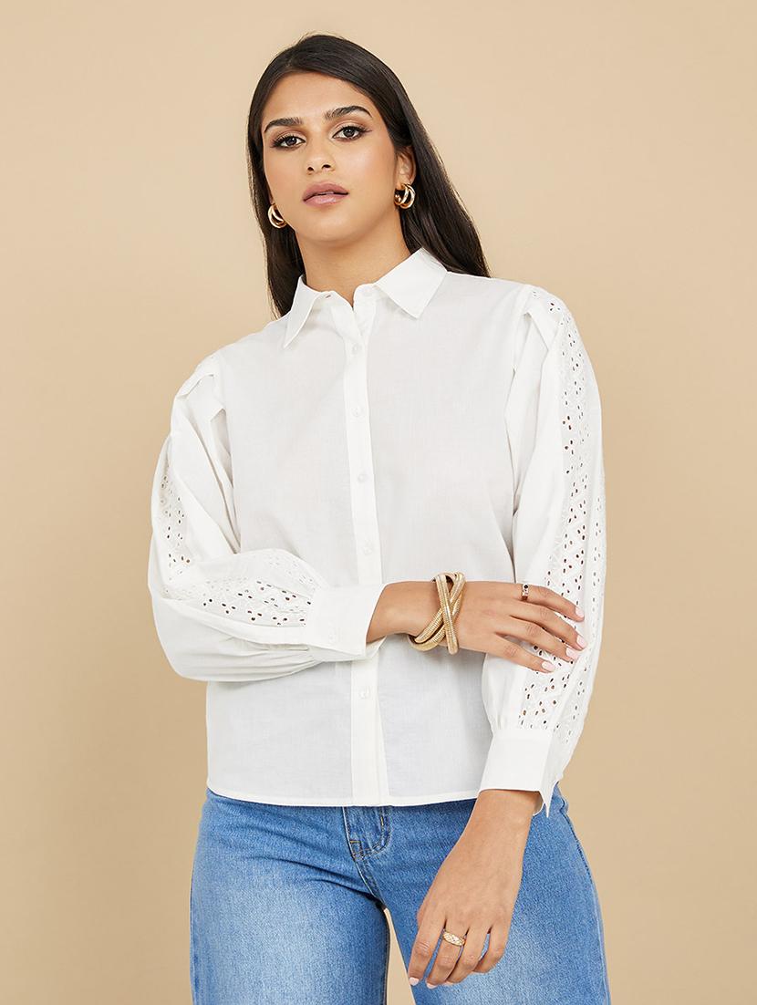 women white solid puff sleeve collared shirt - 21971272 - Standard Image - 1