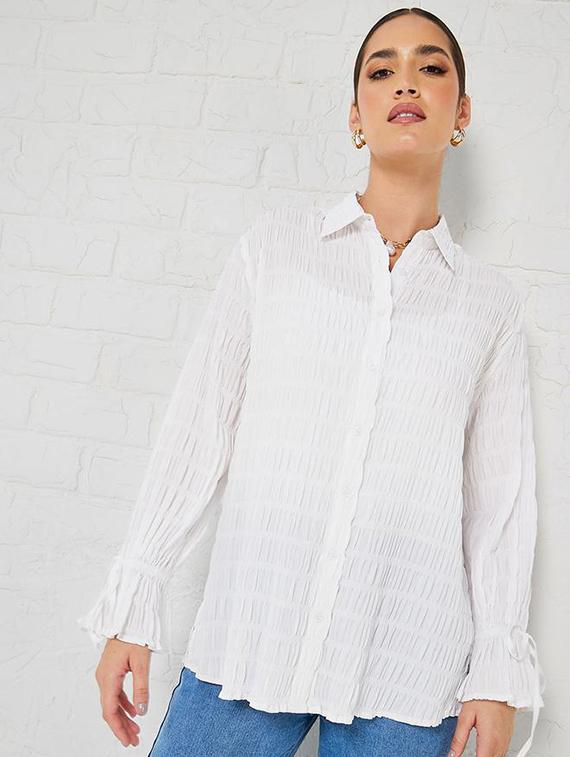 women white solid collared long sleeve shirt - 21971274 -  Zoom Image - 0