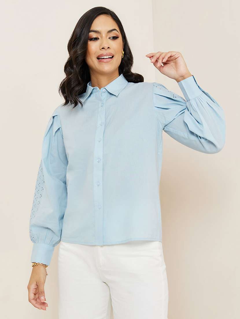 women solid collared puff sleeve schiffli detailed shirt - 21971275 -  Standard Image - 1