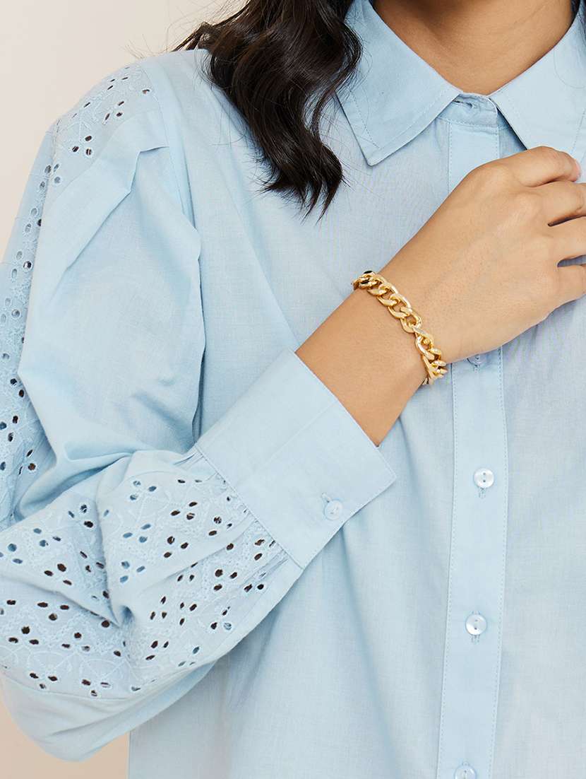 women solid collared puff sleeve schiffli detailed shirt - 21971275 -  Standard Image - 4