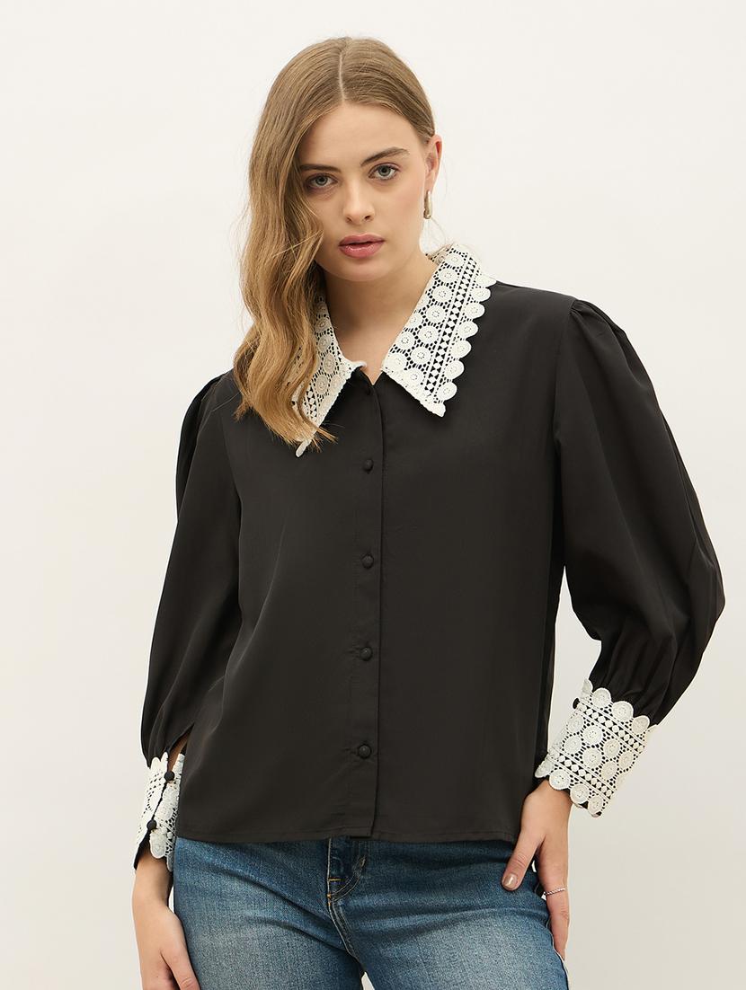 women solid peter pan collar puff sleeve shirt - 21971280 - Standard Image - 1