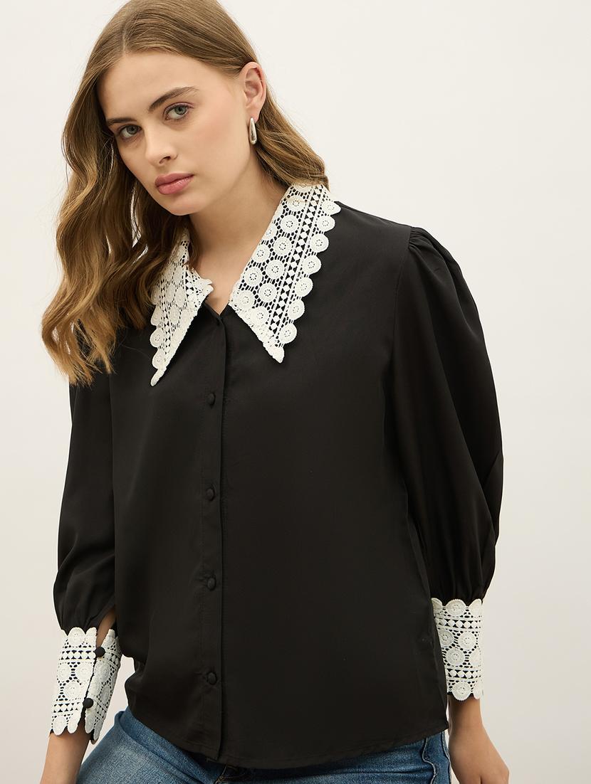 women solid peter pan collar puff sleeve shirt - 21971280 - Standard Image - 4