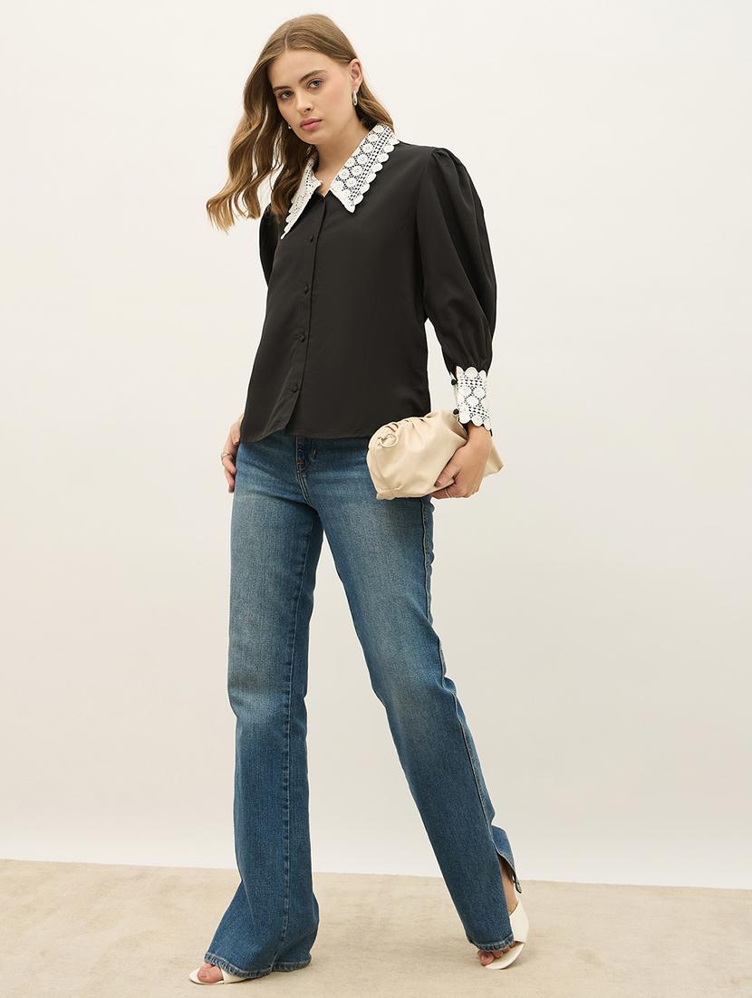 women solid peter pan collar puff sleeve shirt - 21971280 - Standard Image - 6