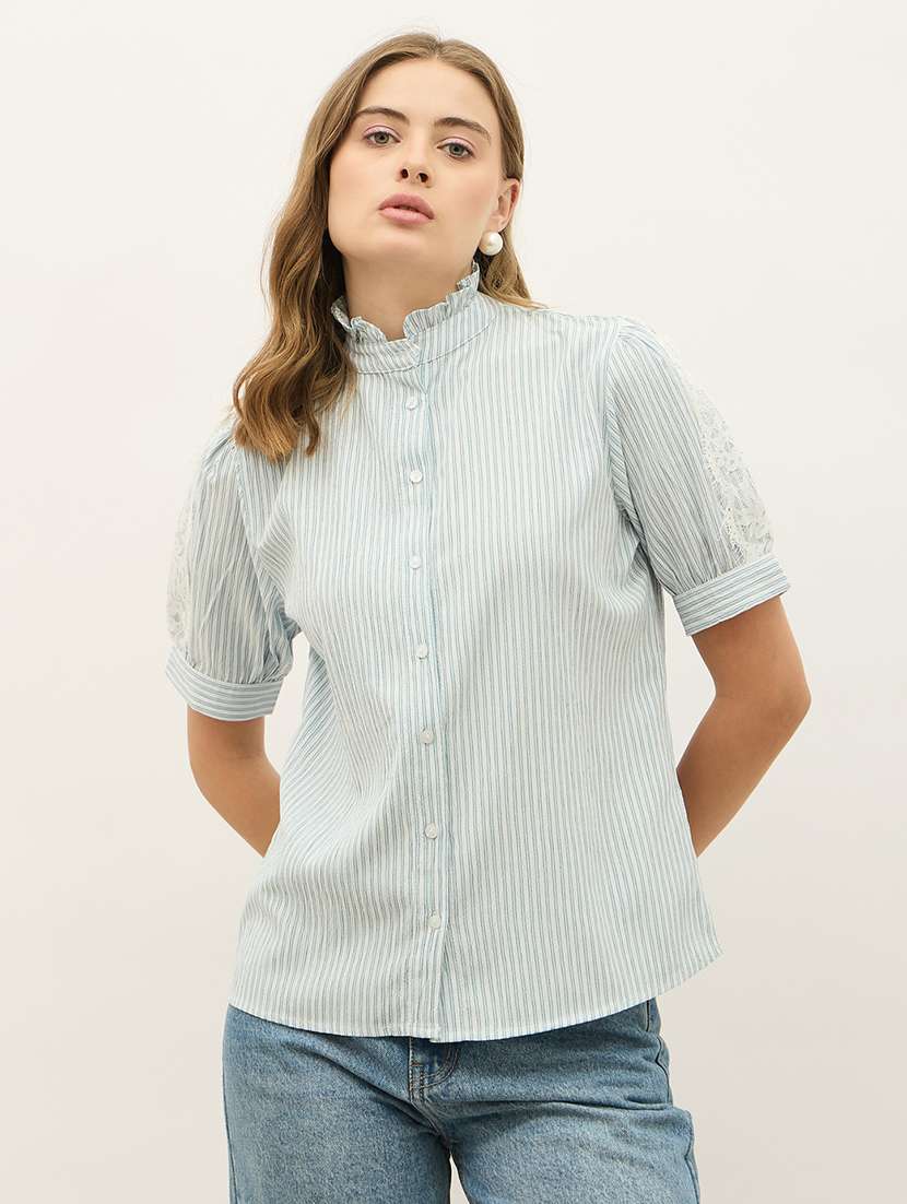 women striped mandarin neck puff sleeve shirt - 21971281 -  Standard Image - 1