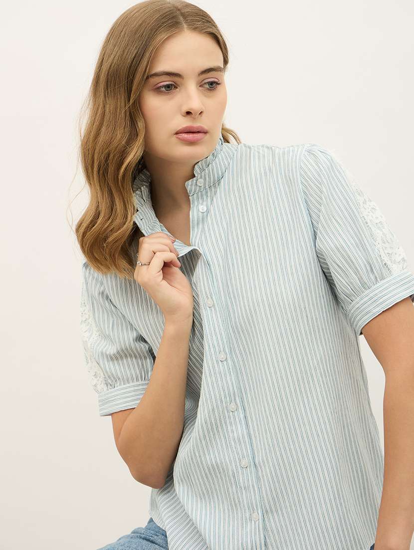 women striped mandarin neck puff sleeve shirt - 21971281 -  Standard Image - 4