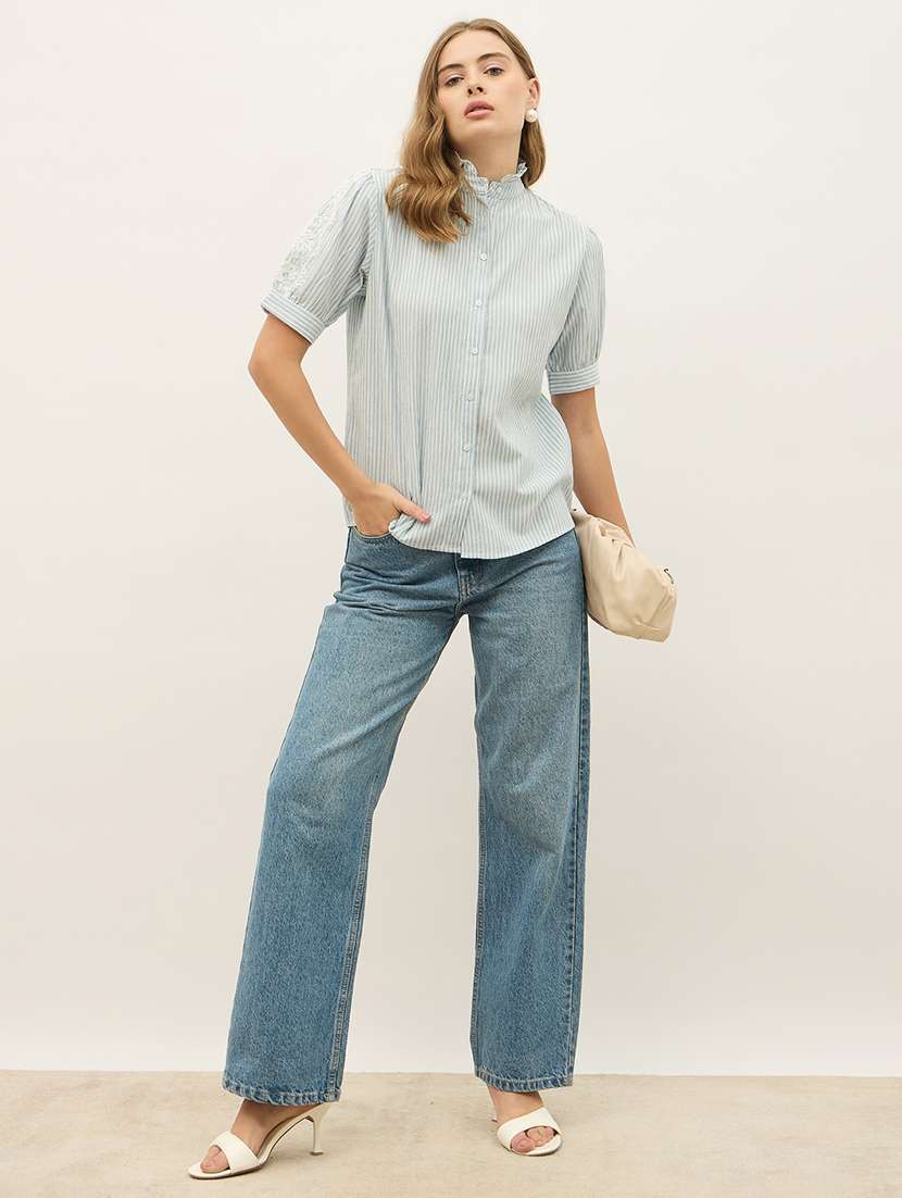 women striped mandarin neck puff sleeve shirt - 21971281 -  Standard Image - 6