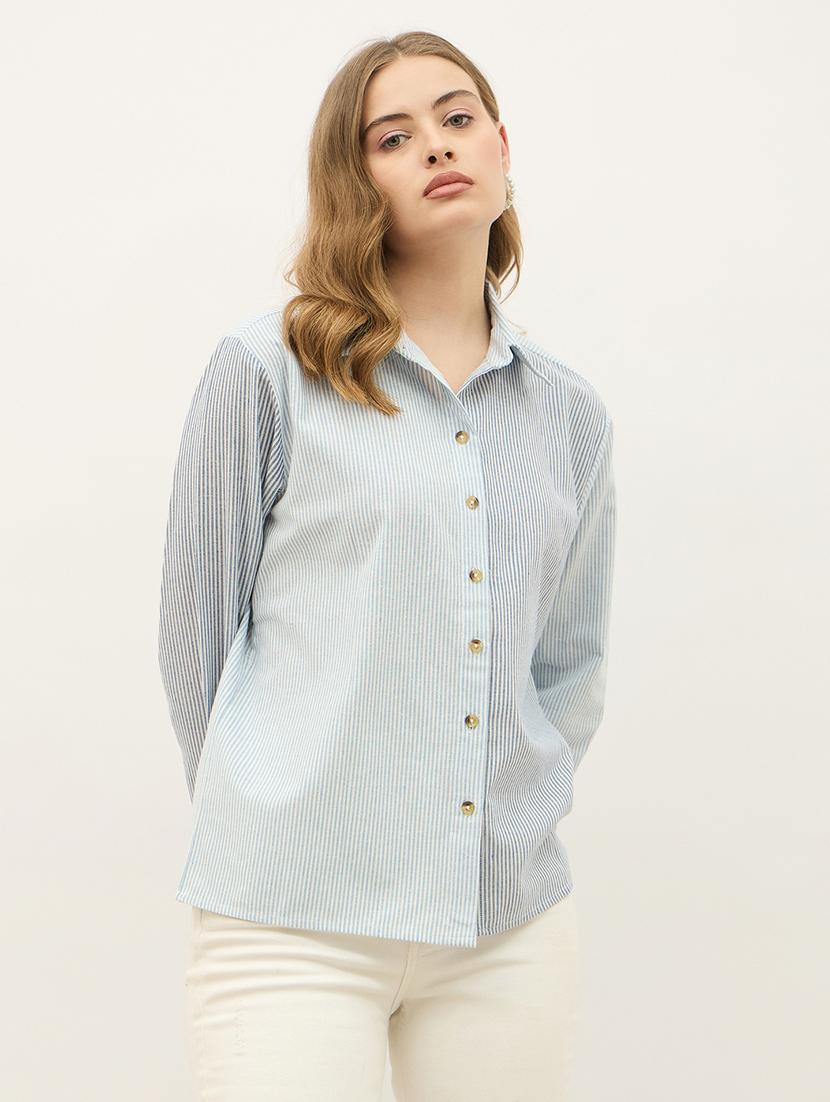 women striped collared long sleeve shirt - 21971282 -  Zoom Image - 0