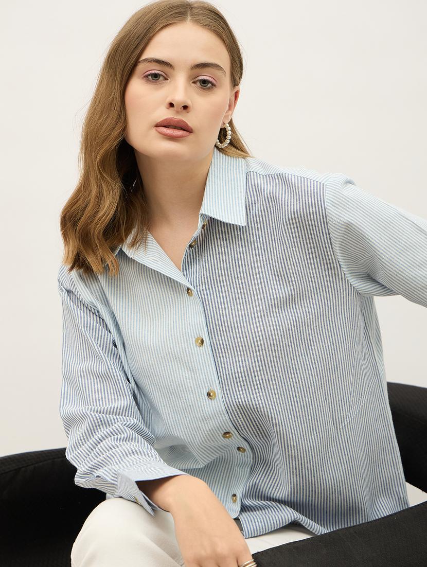 women striped collared long sleeve shirt - 21971282 -  Standard Image - 1
