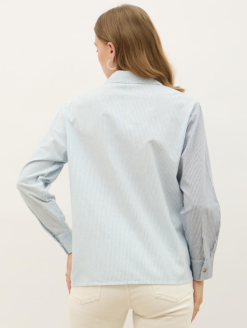 women striped collared long sleeve shirt - 21971282 - Standard Image - 4