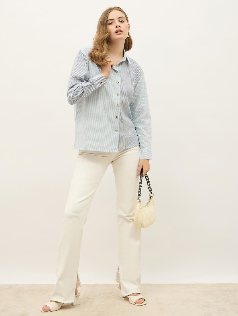 women striped collared long sleeve shirt - 21971282 - Standard Image - 6