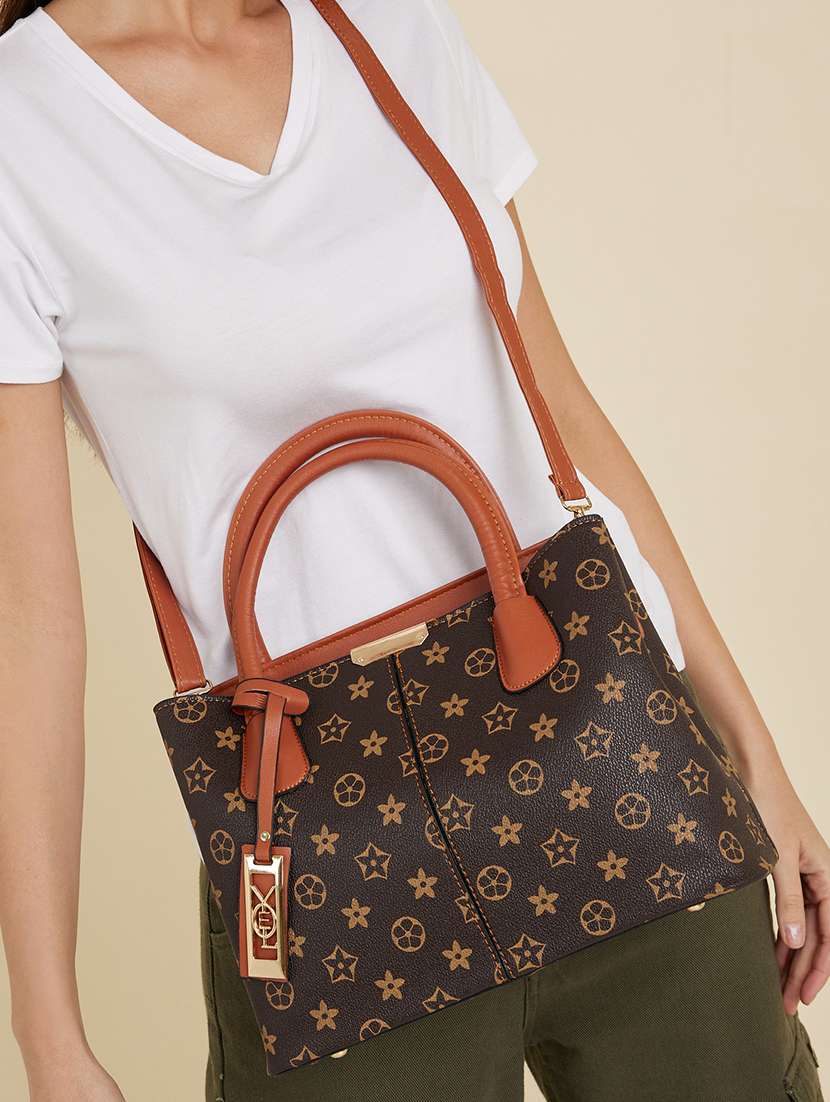 women printed tan pu leather handbag - 21971294 - Standard Image - 1
