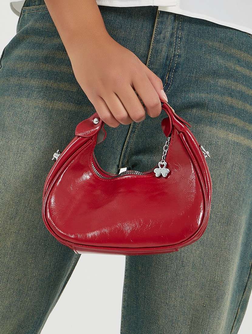 Red Lock Detail Shoulder Baguette Handbag