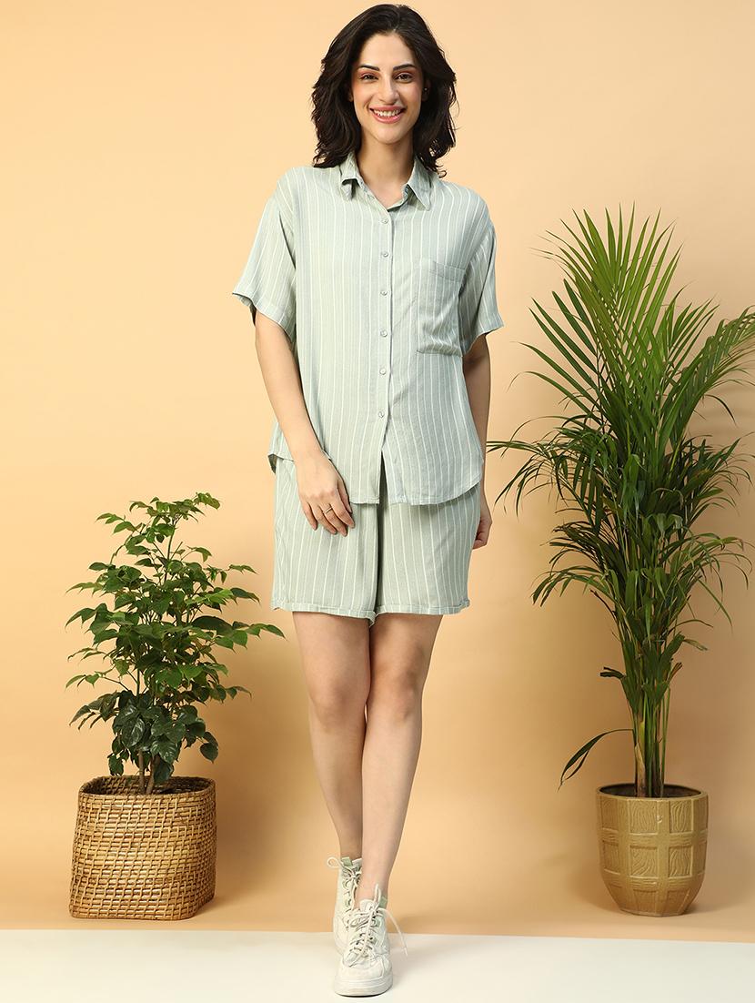 green viscose top and shorts set coord - 21971312 -  Standard Image - 1