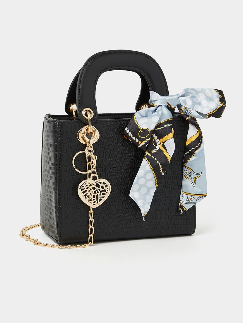 black textured pu satchel handbag with charms - 21971385 - Zoom Image - 0