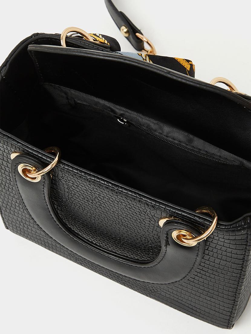 black textured pu satchel handbag with charms - 21971385 - Standard Image - 4