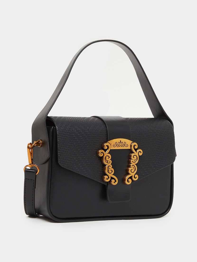 textured black pu handbag with buckle