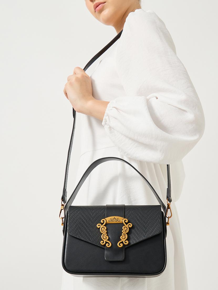 textured black pu handbag with buckle - 21971407 - Standard Image - 1