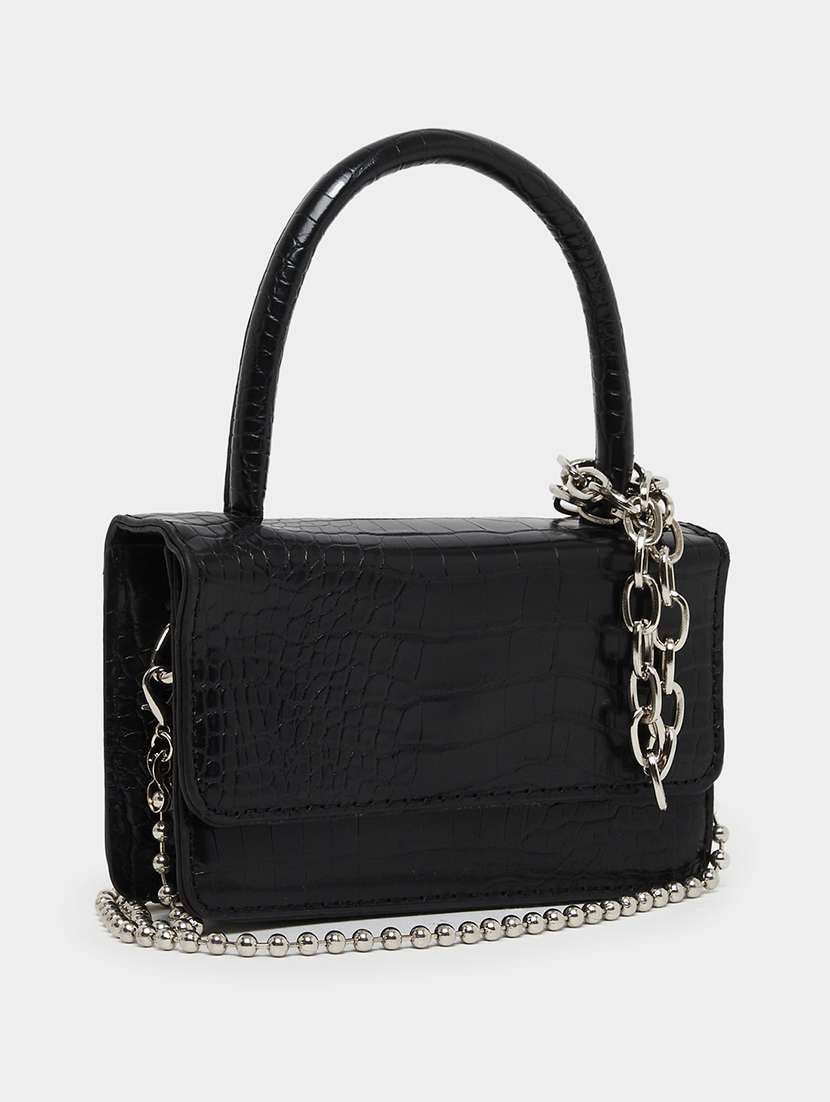 textured croc black handbag with chain