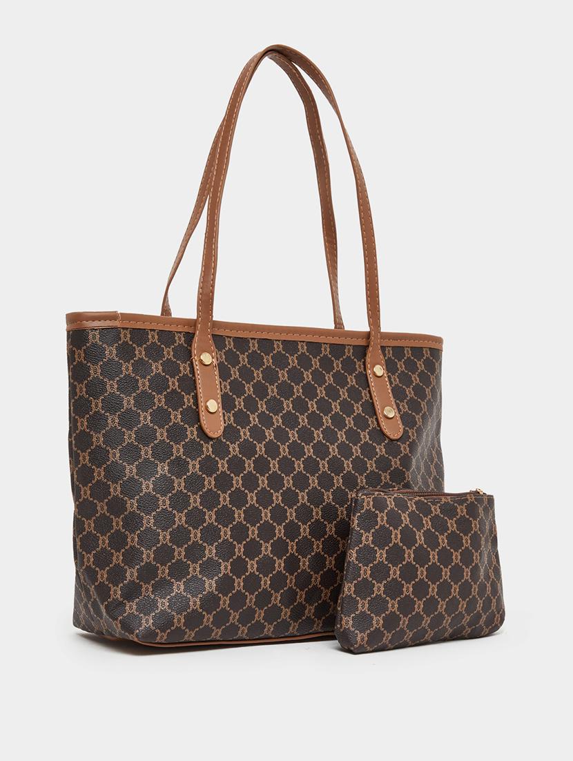 women printed brown tote bag with pouch - 21971457 - Standard Image - 1
