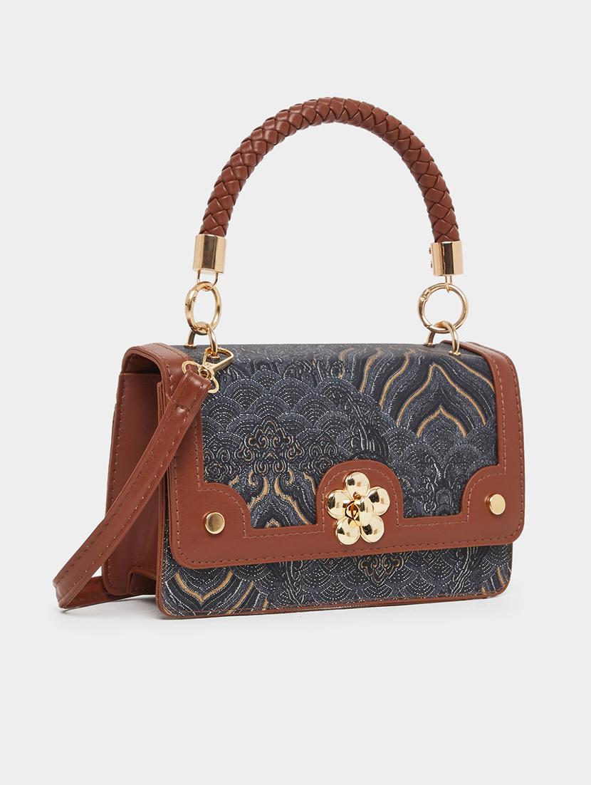 women printed pu structured handbag