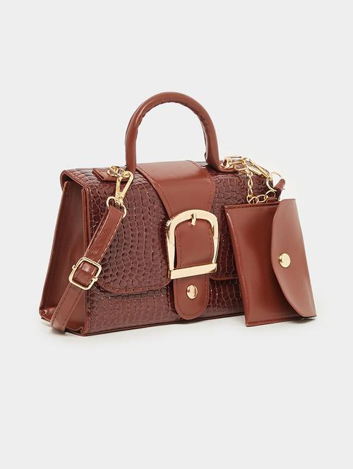 women textured brown pu structured handbag - 21971473 - Standard Image - 0