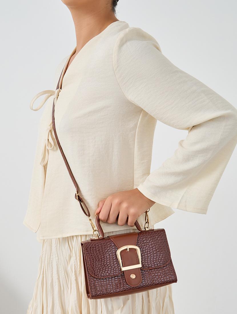 women textured brown pu structured handbag - 21971473 -  Standard Image - 1