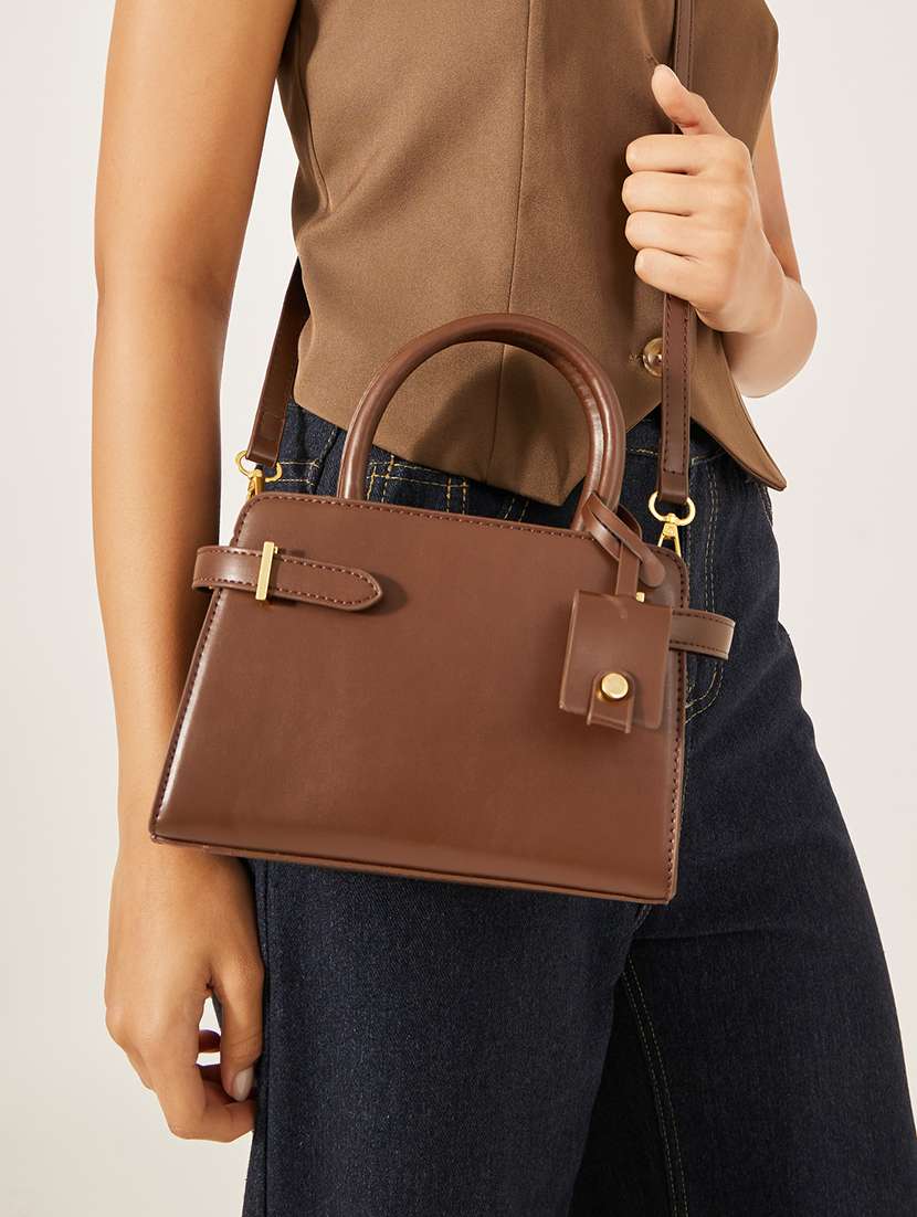 solid brown pu leather handbag - 21971490 - Standard Image - 1
