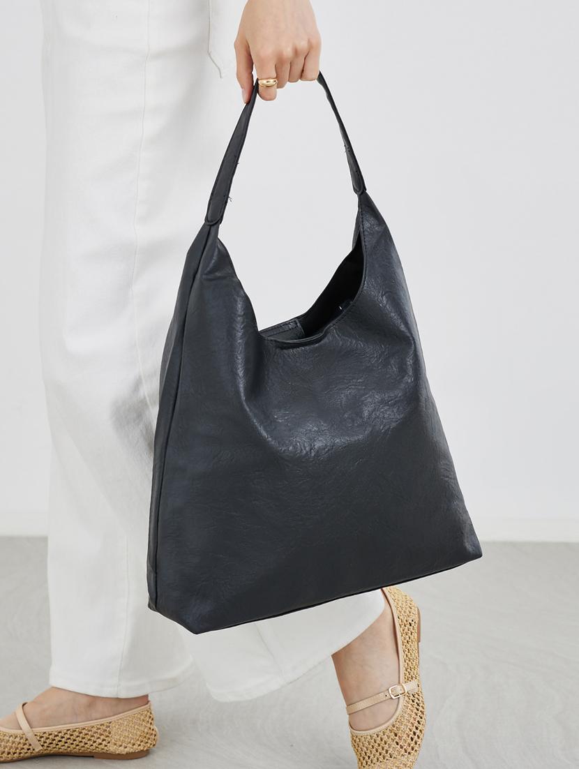 black pu textured shoulder bag with pouch - 21971493 -  Standard Image - 1