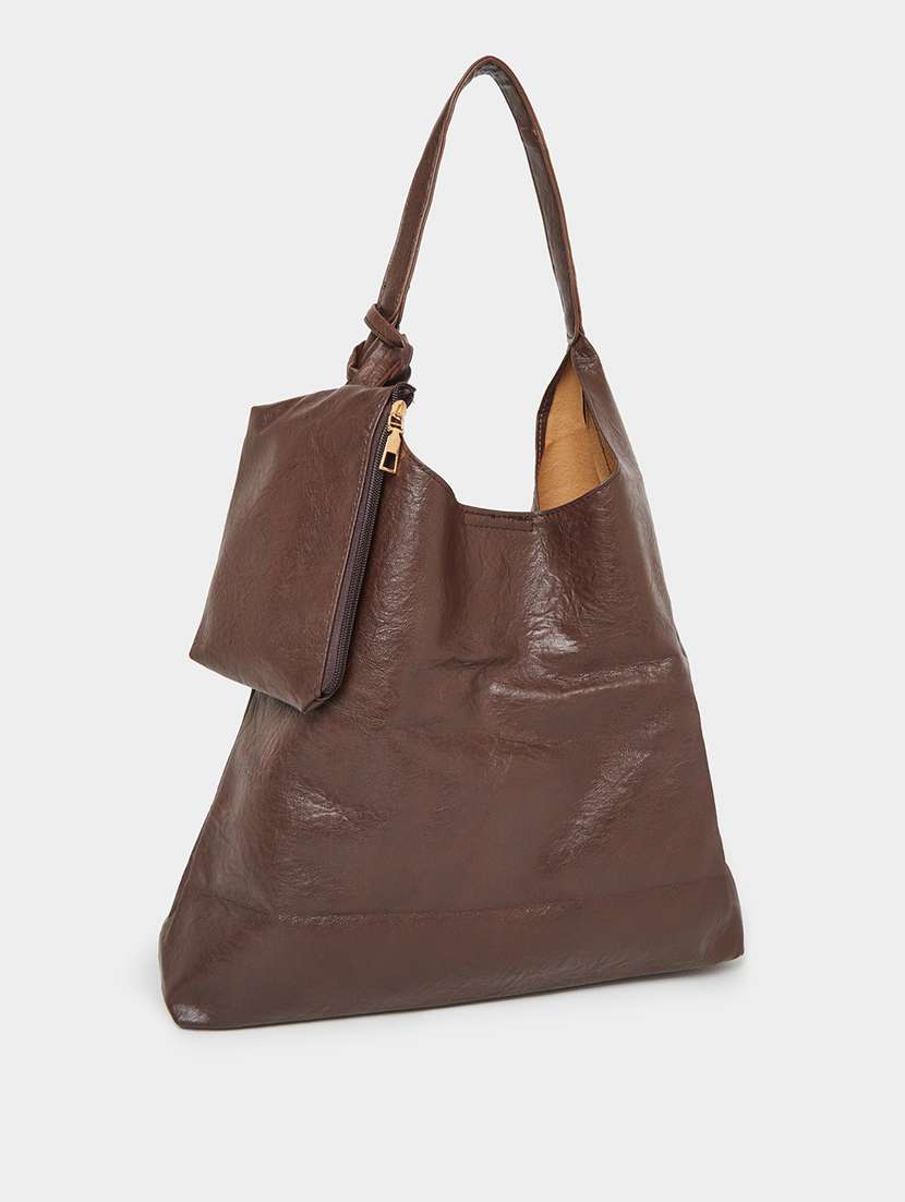 brown textured pu shoulder bag with pouch